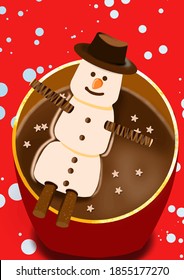 marshmallow snowman on a red background. floats in a mug with cocoa.