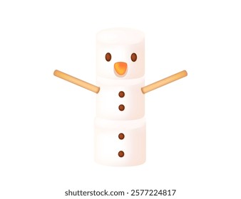 Marshmallow snowman with a smiley face, twig arms, and round button details. Sweet character design. Yummy sugar food. Vector illustration isolated on white background