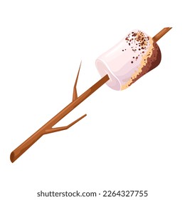 marshmallow stick cartoon. food sweet, snack white, camp cooking, roasting wooden, tasty, eating marshmallow stick vector illustration