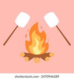 Marshmallow stick. Marshmallow piece on skewer roasting on forest bonfire. bonfire vector. Marshmallow cartoon vector. 