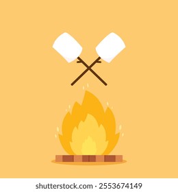 Marshmallow stick. Marshmallow piece on skewer roasting on forest bonfire. bonfire vector. Marshmallow cartoon vector. 