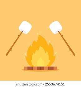 Marshmallow stick. Marshmallow piece on skewer roasting on forest bonfire. bonfire vector. Marshmallow cartoon vector. 