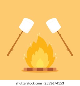 Marshmallow stick. Marshmallow piece on skewer roasting on forest bonfire. bonfire vector. Marshmallow cartoon vector. 