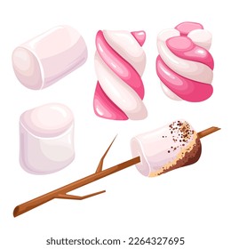 caricatura de postre dulce malvavisco. refrigerio esponjoso, confitería de azúcar, caramelos suaves, mascado de comida, dulce de malva de grupo ilustración vectorial de postre dulce