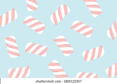 Marshmallow twists pattern vector illustration  on pastel pink and light blue background. Pastel colored sweet chewy candies background. Background with sweets. Patterns Marshmallows.