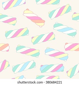 Marshmallow twists seamless pattern vector illustration. Pastel colored sweet chewy candies background.