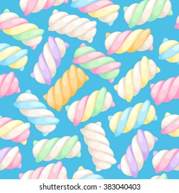 Marshmallow twists seamless pattern vector illustration. Pastel colored sweet chewy candies background.