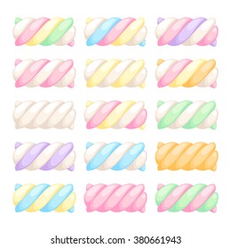 Marshmallow twists set vector illustration. Pastel colored sweet chewy candies.