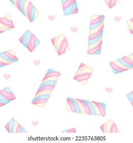 Marshmallow vector background. Seamless pattern with cartoon cute sweets and hearts on white.