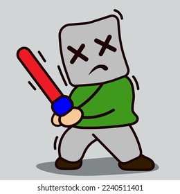 marshmallow vector character with a square head holding a sword