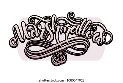 Marshmallow. Vector hand lettering pink word with outline isolated on white background. Concept for logo, card, typography, poster, print. 