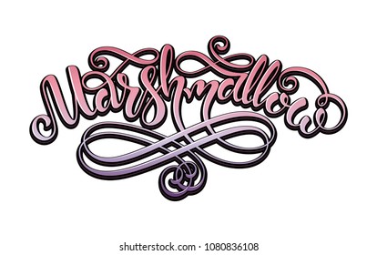 Marshmallow. Vector hand lettering pink and violet word with outline isolated on white background. Concept for logo, card, typography, poster, print. 