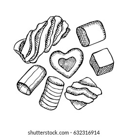 Marshmallow vector illustration. Doodle style. Isolated on white background. Marshmallow food sketch.Cloth, print, design, icon, logo, poster,paper,card,invitation, cloth, wrapping, wallpaper. Eps10


