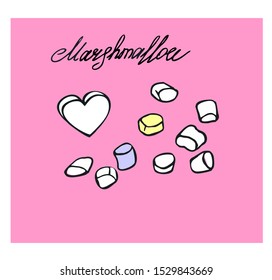 Marshmallow vector set with heart for Christmas and Valentines Day. Line art style.