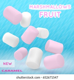 Marshmallow white and pink on isolated on a blue background. Good vector illustration for packing
