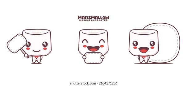 marshmallows cartoon mascot, with blank board banner, isolated on a white background.