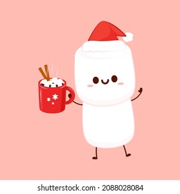 Marshmallows character design. Cocoa with marshmallows in a red cup. Red cup with muffin, cinnamon and Marshmallows. Flat vector illustration.