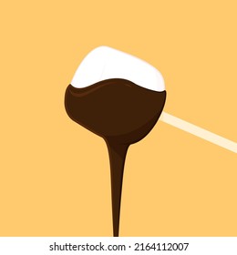 Marshmallows with chocolate on a wooden stick on a white background. Sweet gingerbread, traditional food, dessert.