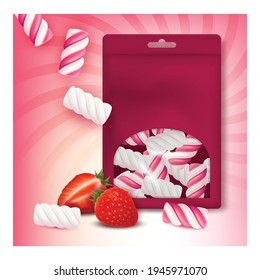 Vector de afiches promocionales Creativos Marshmallow. Paquete De Fresas Marshmallow Blank Y Berries Ripe En Cartel De Publicidad. Delicioso estilo de producto natural dulce Modelo de plantilla de concepto Ilustración