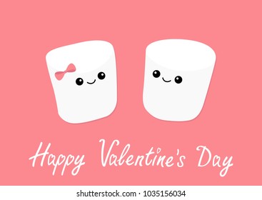 Marshmallows with eyes and smiles. Funny face. Happy Valentines Day. Cute cartoon character. Love sign symbol. Minimal flat lay design. Marshmallow couple set. Sweet food. Pink background. Vector