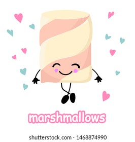 Marshmallows with eyes and smiles. Funny face. Cute cartoon character. Symbol of love sign. Minimal flat lay. Marshmallow steam set. Sweet food. Pink Background Vector