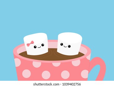 Marshmallows eyes and smiles. Taking bath. Mug Cup with coffee cocoa drink. Happy Valentines Day. Funny face. Cute cartoon character. Love. Flat design. Marshmallow couple set. Pink background. Vector