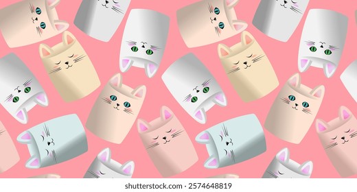 Marshmallows in the form of cute little cats. Seamless vector pattern on pink background