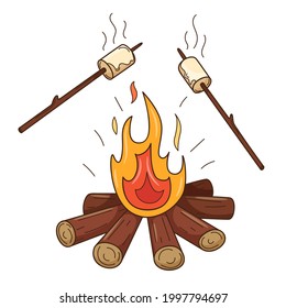 Los malvaviscos están fritos en el fuego. Una hoguera de leña. Entretenimiento otoñal. Elemento decorativo con un contorno. Doodle, dibujado a mano. Diseño plano. Ilustración del vector de color. Aislado sobre blanco