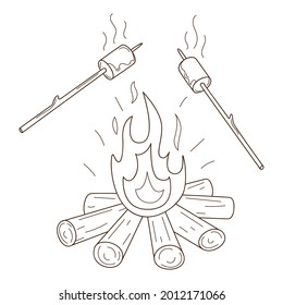 Marshmallows are fried on the fire. A wood-burning bonfire. Autumn entertainment. Decorative element with an outline. Doodle, hand-drawn. Black white vector illustration. Isolated on white.