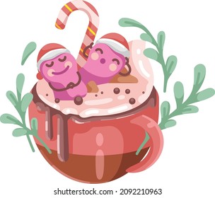 Marshmallows in a hot chocolate mug. Drinks for the Christmas season. Sticker of cute character
