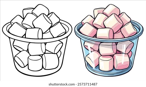 Marshmallows Line Art Vector Illustration Black and White with Coloring Sample. Bold and Easy Food, Sweets, Drinks, Dessert, and Snacks Coloring Pages for Adults and Kids.