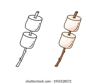 Marshmallows on branch doodle icon. Linear and color version. Hand drawn simple illustration of sweet for roasting over fire. Contour isolated vector pictogram on white background