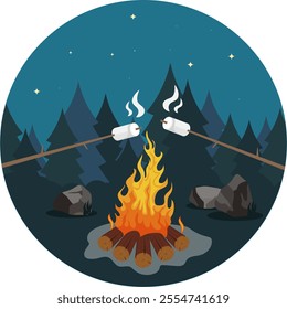 Marshmallows on a campfire, campfire against the night sky with marshmallows. Vector, cartoon illustration. Vector.