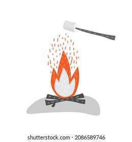 Marshmallows on stick over bonfire. Black firewood burn in red fire. Marshmallow roasted over camping fire. Vector hand drawn illustration isolated on white background. Camping icon for web banner
