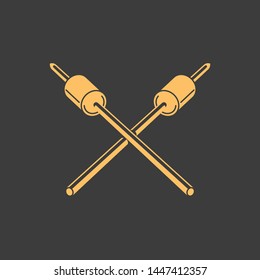 Marshmallows on stick for roasting hand drawn flat color vector. Marshmallow on bbq skewer minimal simple style cartoon. Summer bonfire barbecue party symbol. Campsite logo, background illustration