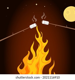 Marshmallows on sticks roast over the fire against the background of the night sky. Vector, cartoon illustration. Vector.