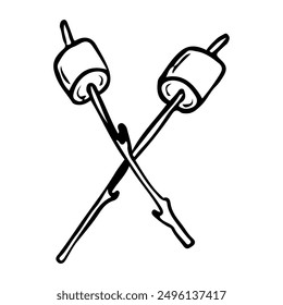 Marshmallows on sticks for roasting on a fire hand drawn in doodle style. Camping sweet food. Vector line art illustration.