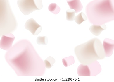 Marshmallows on white background. Marshmallow candy background.