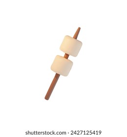 Marshmallows on wooden stick for toasting. 3D realistic vector illustration of sweet snacks for picnic isolated on white background. Camping tasty dessert food