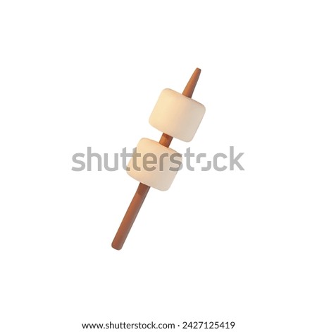 Marshmallows on wooden stick for toasting. 3D realistic vector illustration of sweet snacks for picnic isolated on white background. Camping tasty dessert food