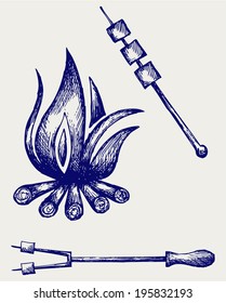 Marshmallows over a camp fire to roast. Doodle style