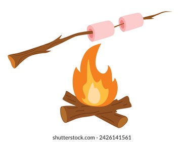 Marshmallows roast on campfire, bonfire camping with frying sweet food. Marshmallow on a stick. Vector Cartoon illustration isolated on the white background