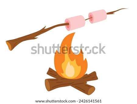 Marshmallows roast on campfire, bonfire camping with frying sweet food. Marshmallow on a stick. Vector Cartoon illustration isolated on the white background