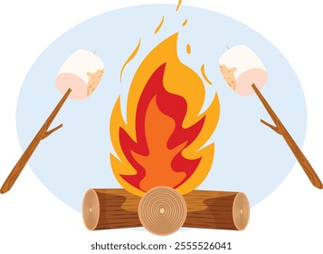 Marshmallows Roasting in the Campfire. Cartoon Outdoor Cooking Illustration