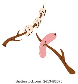Marshmallows and sausage on a wooden stick for roasting over a campfire. Snacks for picnics, hiking or camping. Vector illustration isolated on a white background