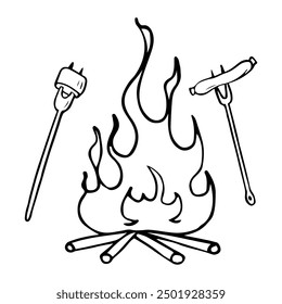 Marshmallows and sausages roasted on fire are hand drawn in doodle style. Picnic in nature. Wood fire in the camp. Camping holiday. Vector line art illustration.