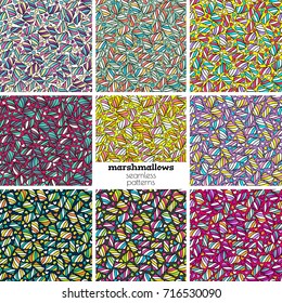 Marshmallows seamless patterns in different color palettes. Abstract hand drawn candies, sweets vector backgrounds.