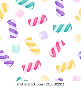 Marshmallows twists, seamless pattern with swirl candies with colored stripes. Vector cartoon background with spiral marshmallows, sweet pastel dessert