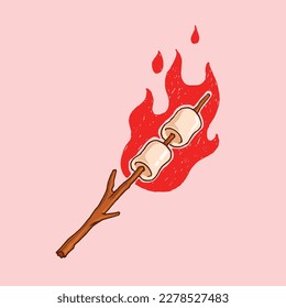 a marshmellow being roasted using a wooden stick