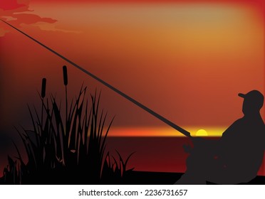 marshy landscape fisherman fishing at sunset-